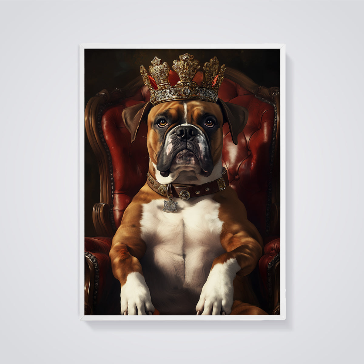 Boxer King Portrait Print framed in white on a grey background
