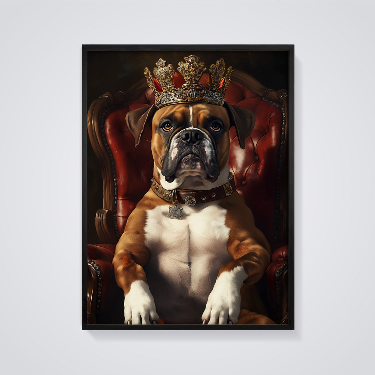 Boxer King Portrait Print framed in black on a grey background
