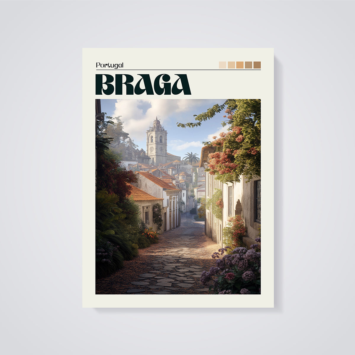 Braga Street Scene Print unframed on a grey background