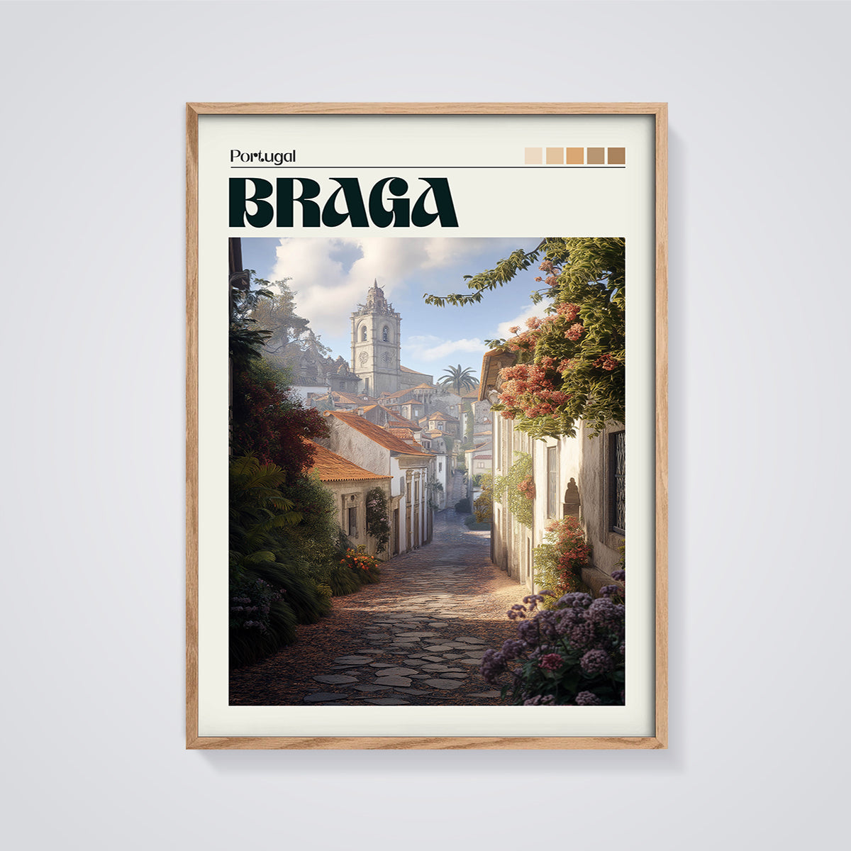 Braga Street Scene Print framed in oak on a grey background