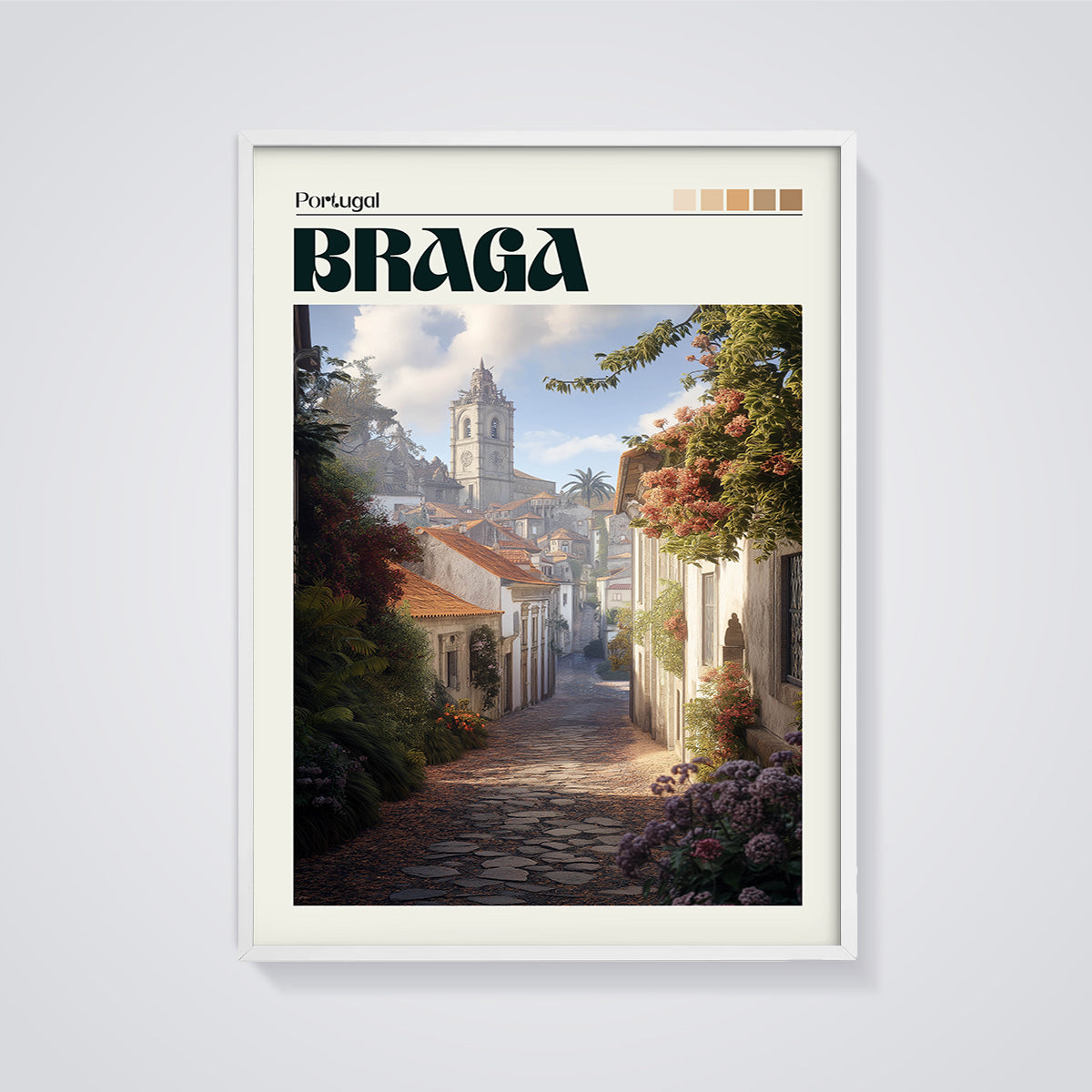 Braga Street Scene Print framed in white on a grey background