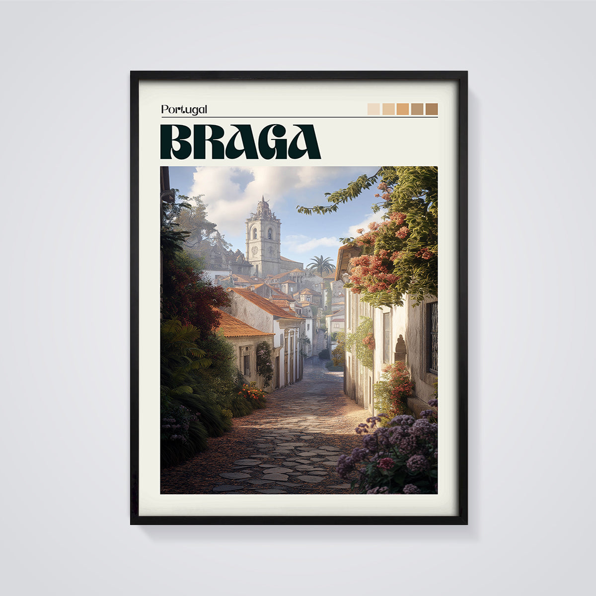 Braga Street Scene Print framed in black on a grey background