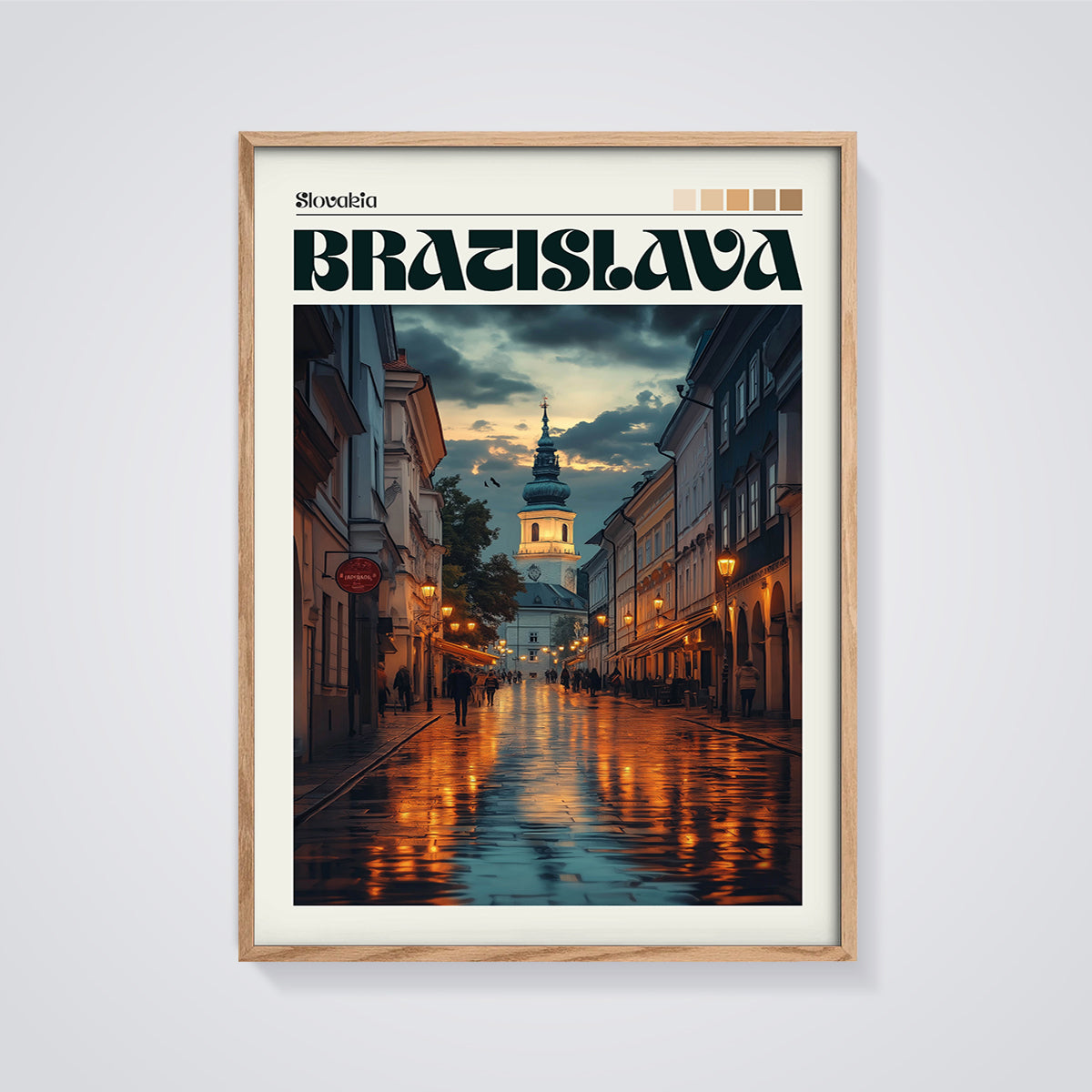Bratislava Old Town Reflections Print framed in oak on a grey background
