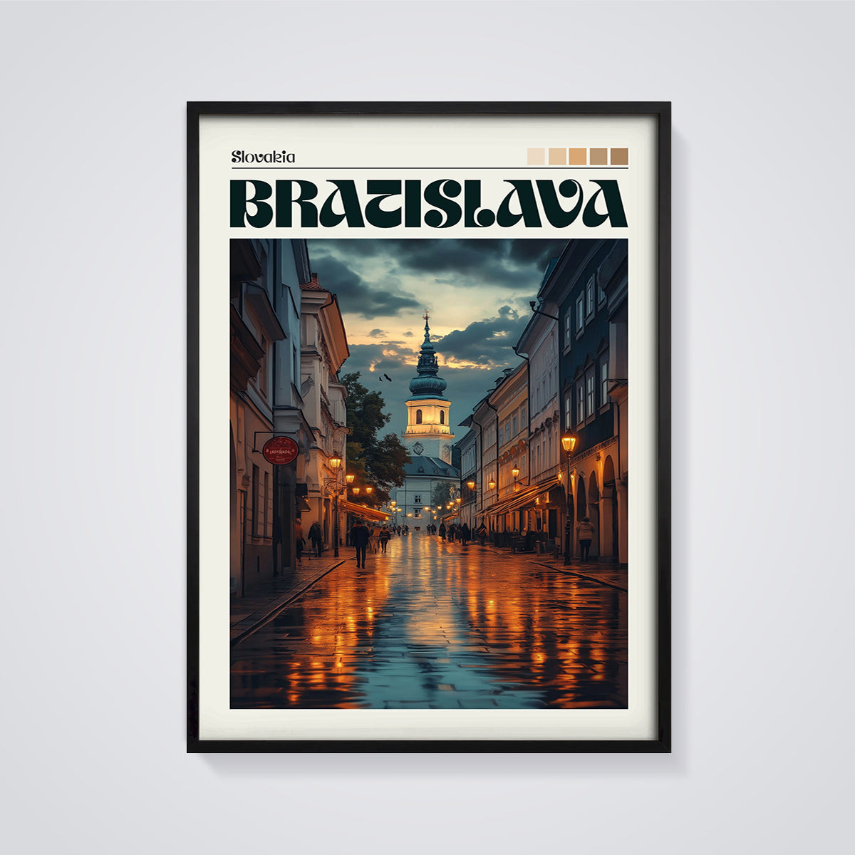 Bratislava Old Town Reflections Print framed in black on a grey background