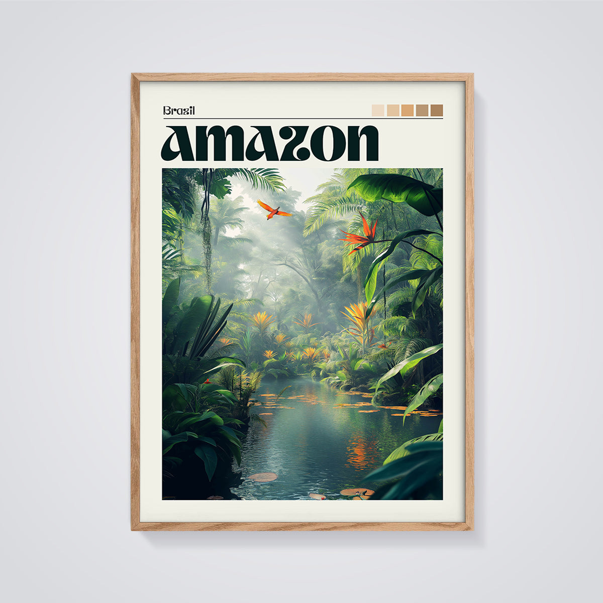 Brazil Amazon River Jungle Print framed in oak on a grey background