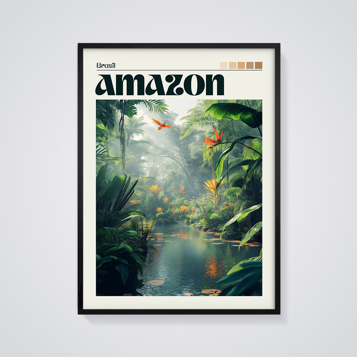 Brazil Amazon River Jungle Print framed in black on a grey background