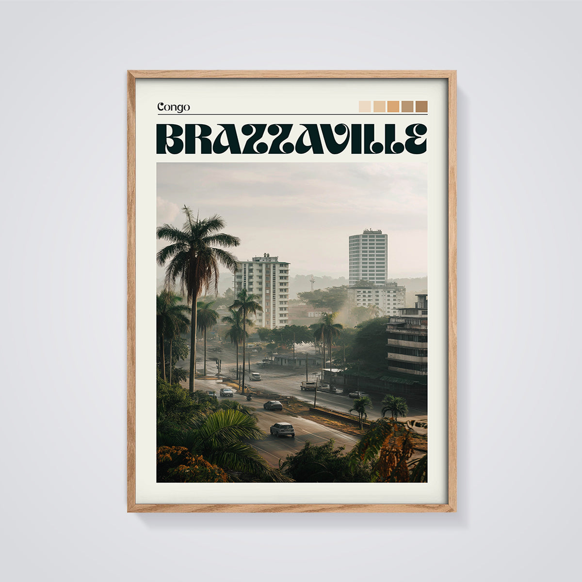 Brazzaville Congo City View Print framed in oak on a grey background