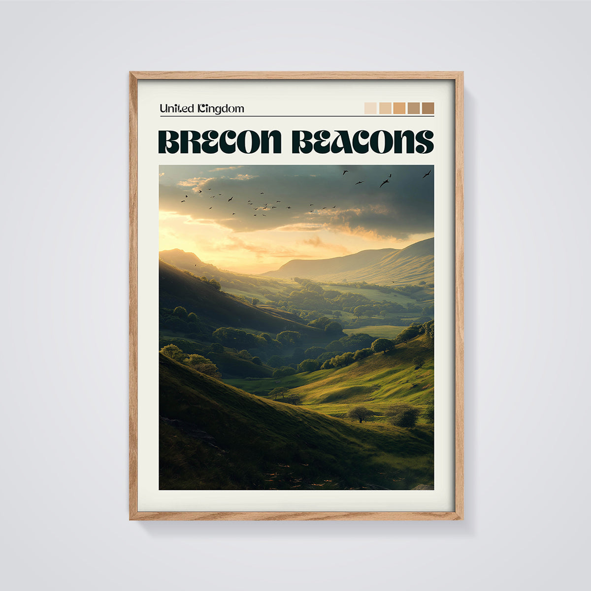 Brecon Beacons Golden Hour Print framed in oak on a grey background
