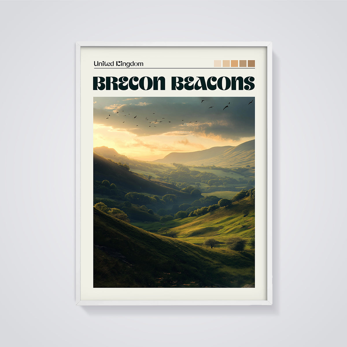 Brecon Beacons Golden Hour Print framed in white on a grey background