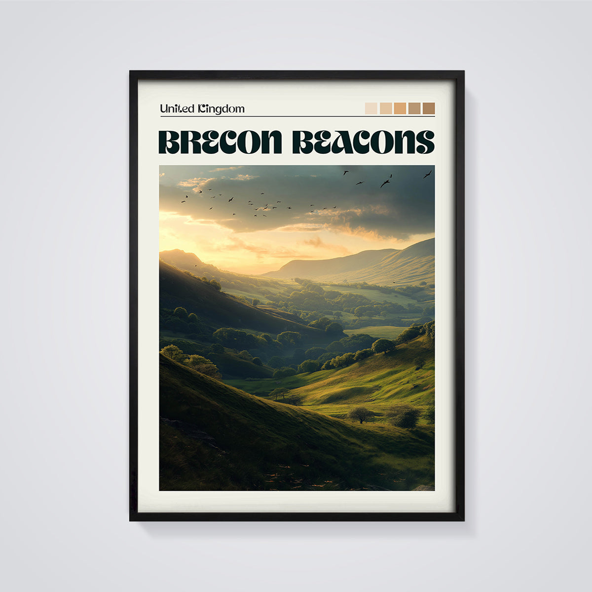 Brecon Beacons Golden Hour Print framed in black on a grey background