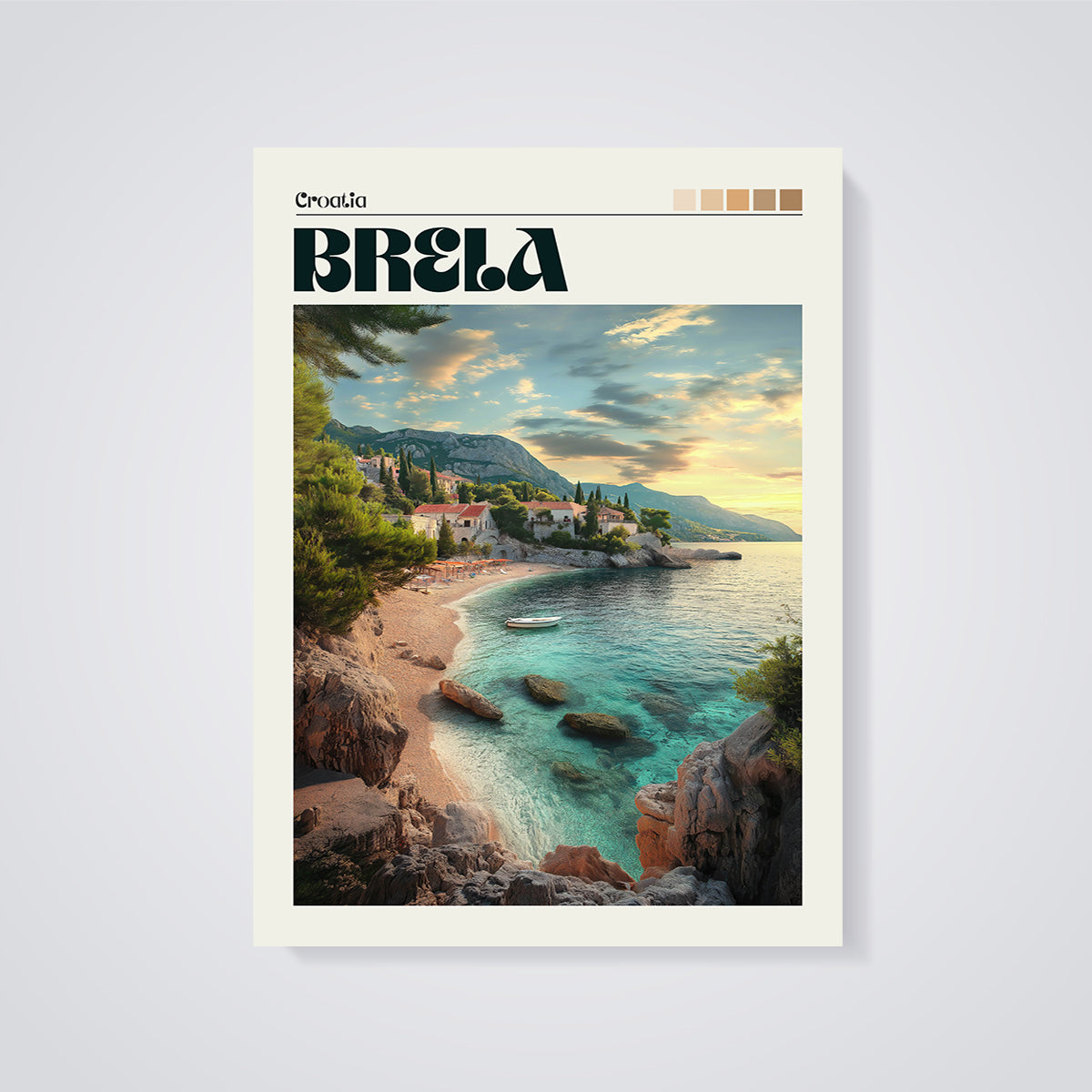 Brela Croatia Beach Print unframed on a grey background
