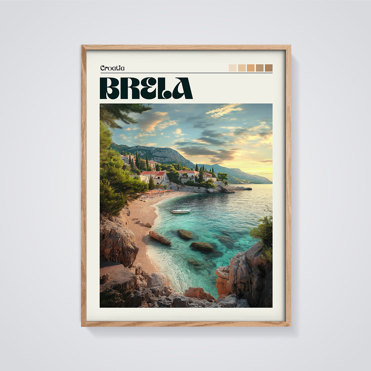 Brela Croatia Beach Print framed in oak on a grey background