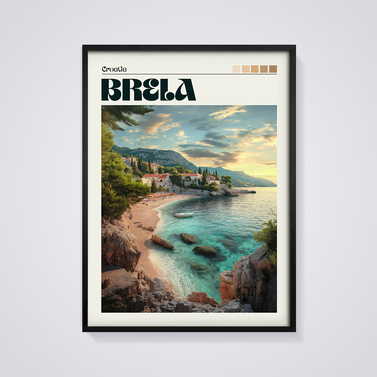 Brela Croatia Beach Print framed in black on a grey background