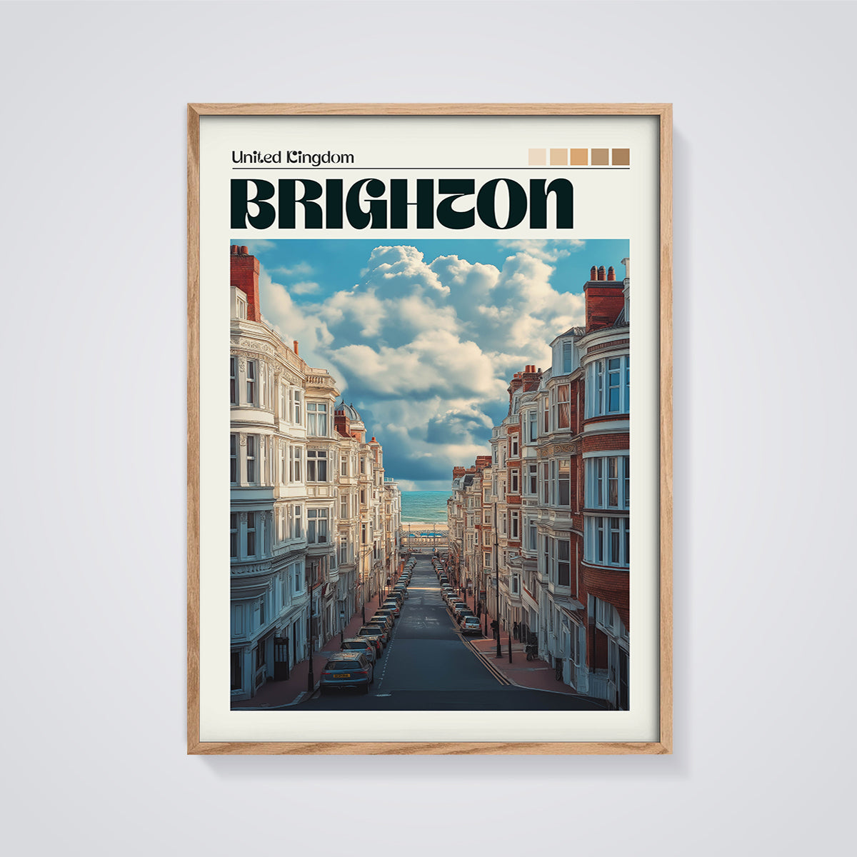Brighton Ocean View Street Print framed in oak on a grey background
