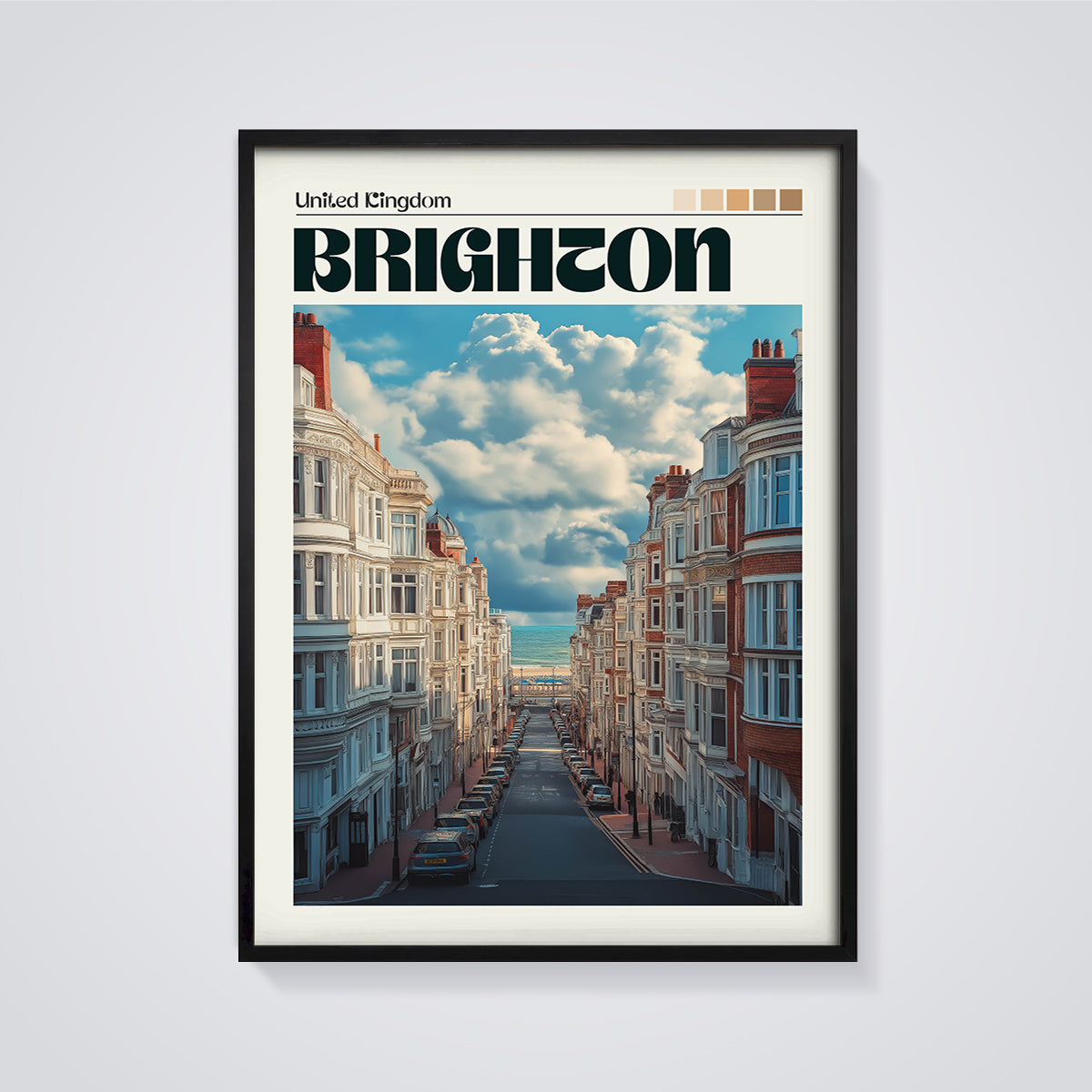 Brighton Ocean View Street Print framed in black on a grey background
