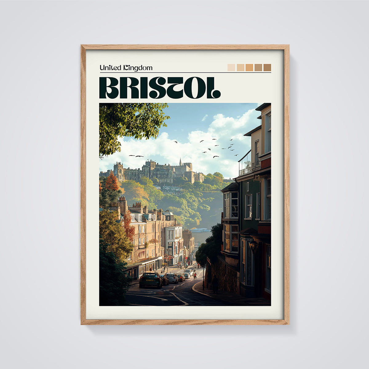 Bristol Cityscape Print framed in oak on a grey background
