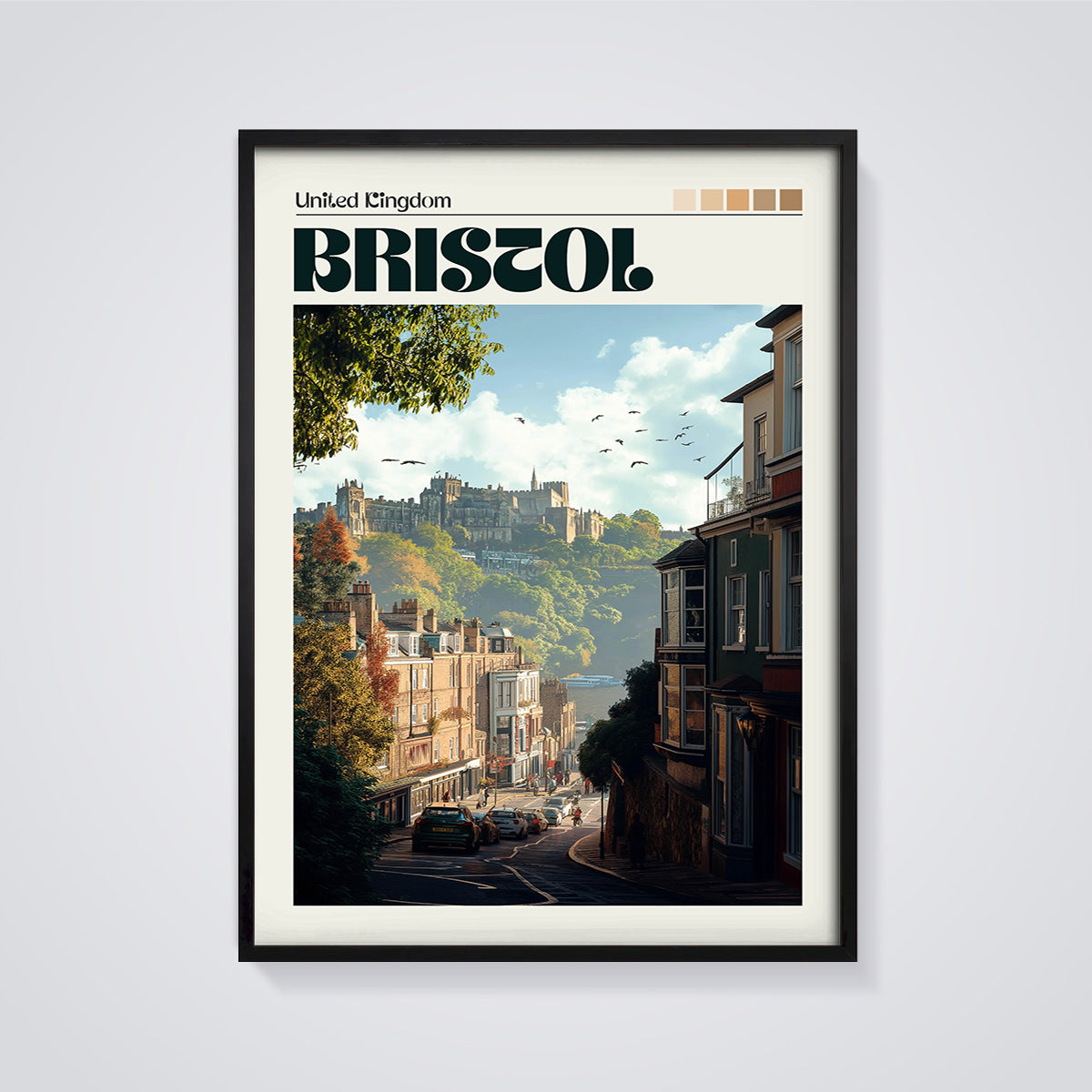 Bristol Cityscape Print framed in black on a grey background
