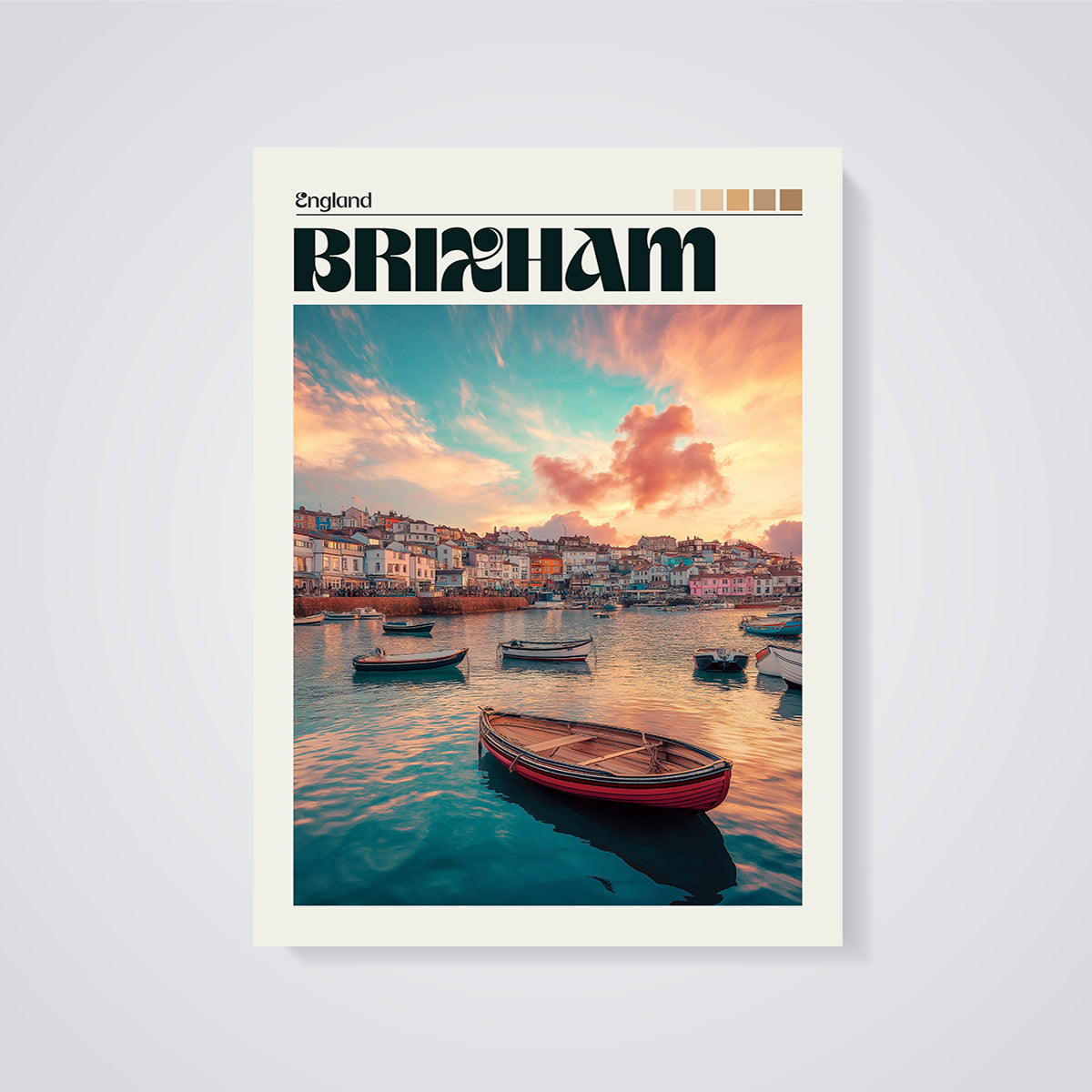 Brixham Harbor Sunset Print unframed on a grey background