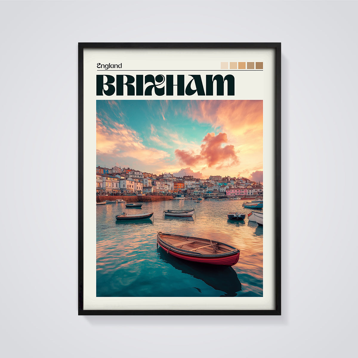 Brixham Harbor Sunset Print framed in black on a grey background