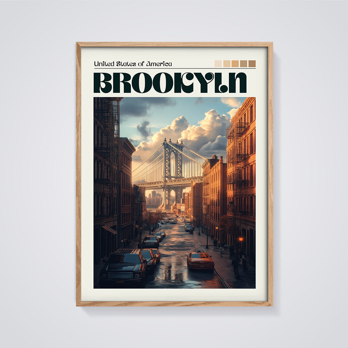 Brooklyn Manhattan Bridge Street Print framed in oak on a grey background