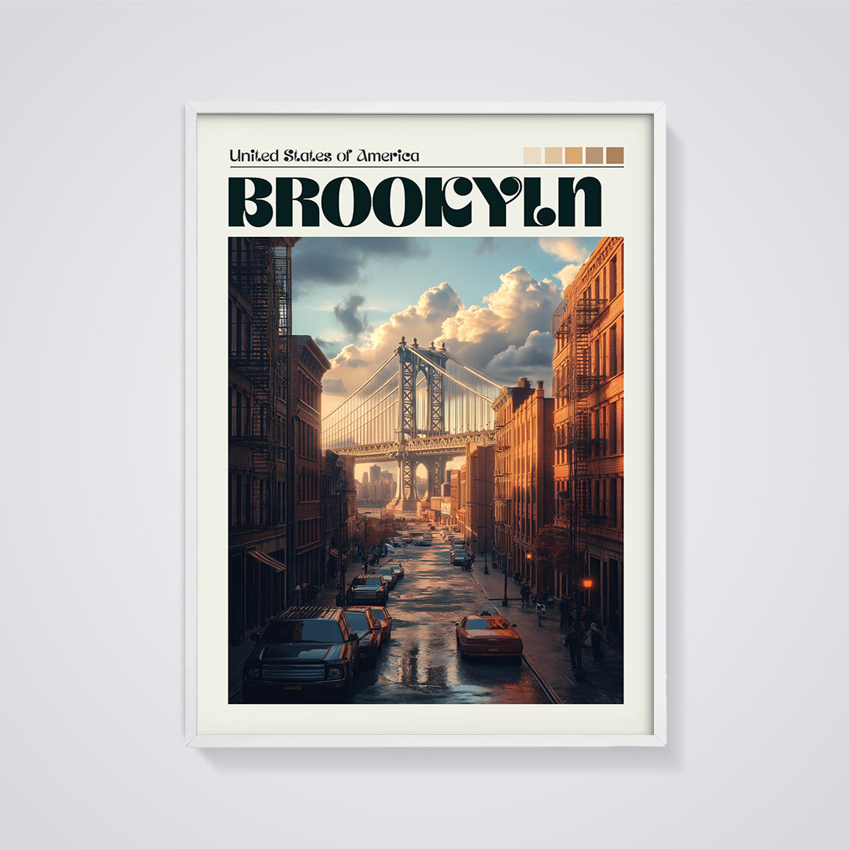 Brooklyn Manhattan Bridge Street Print framed in white on a grey background