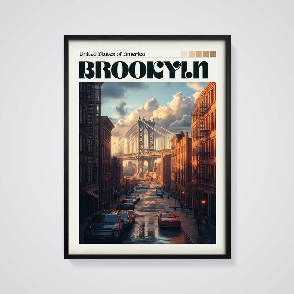 Brooklyn Manhattan Bridge Street Print framed in black on a grey background