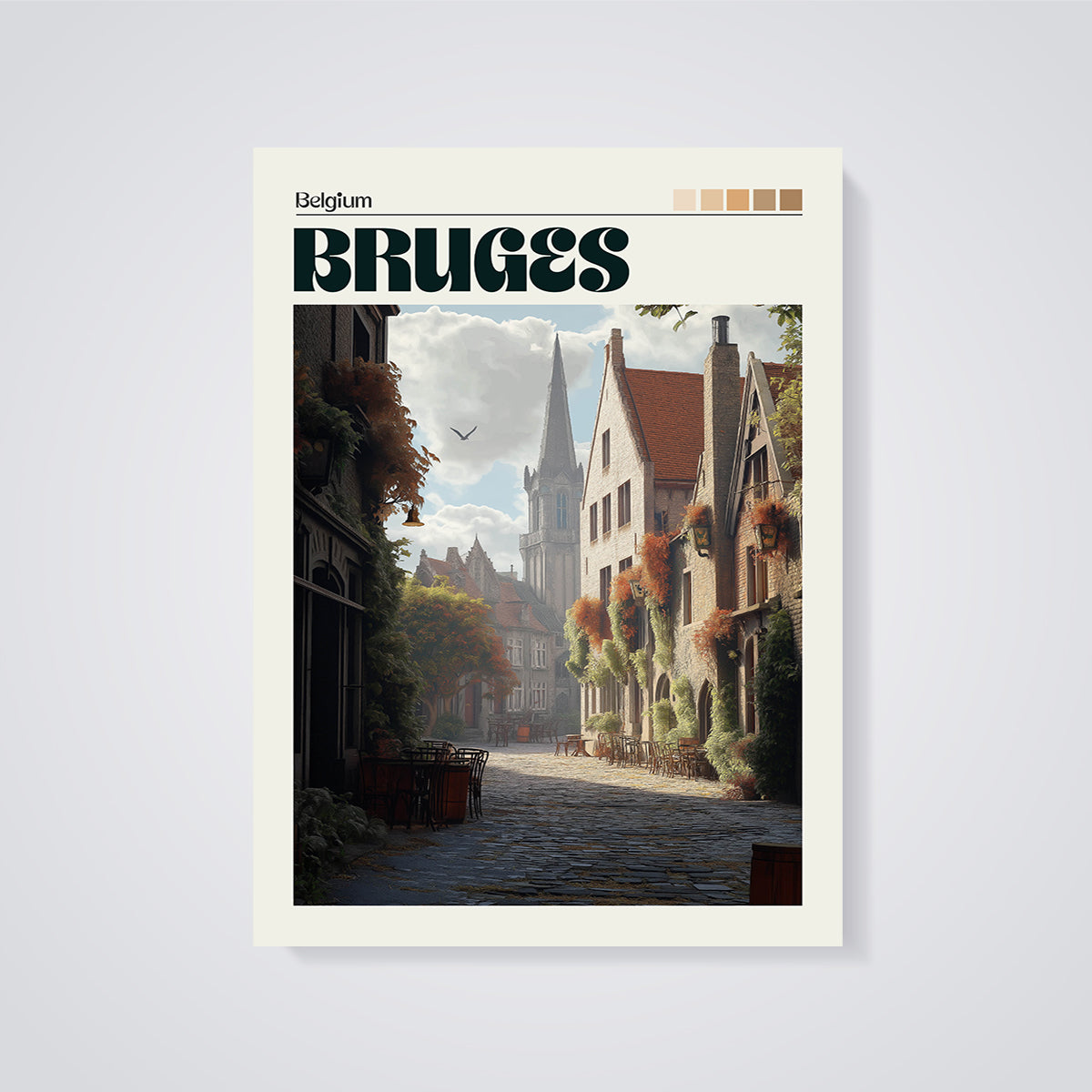 Bruges Cobblestone Street Print unframed on a grey background
