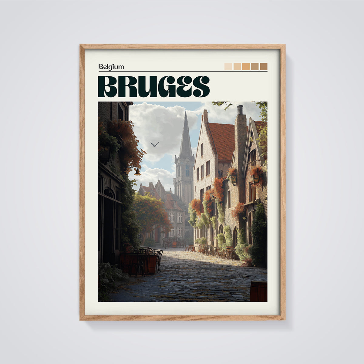 Bruges Cobblestone Street Print framed in oak on a grey background