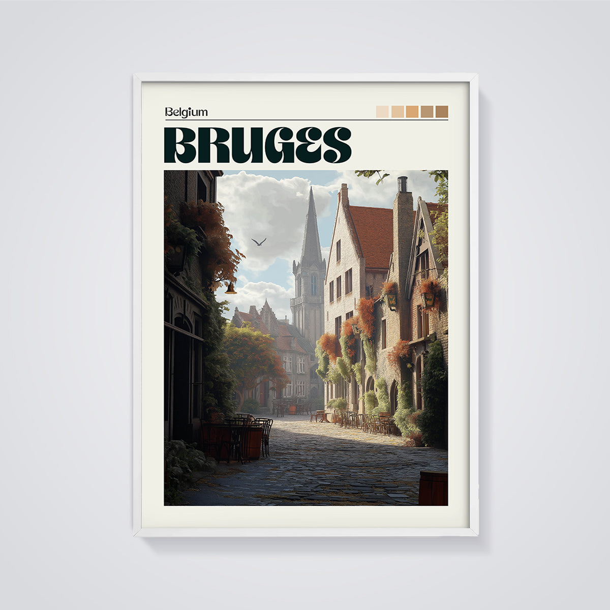 Bruges Cobblestone Street Print framed in white on a grey background