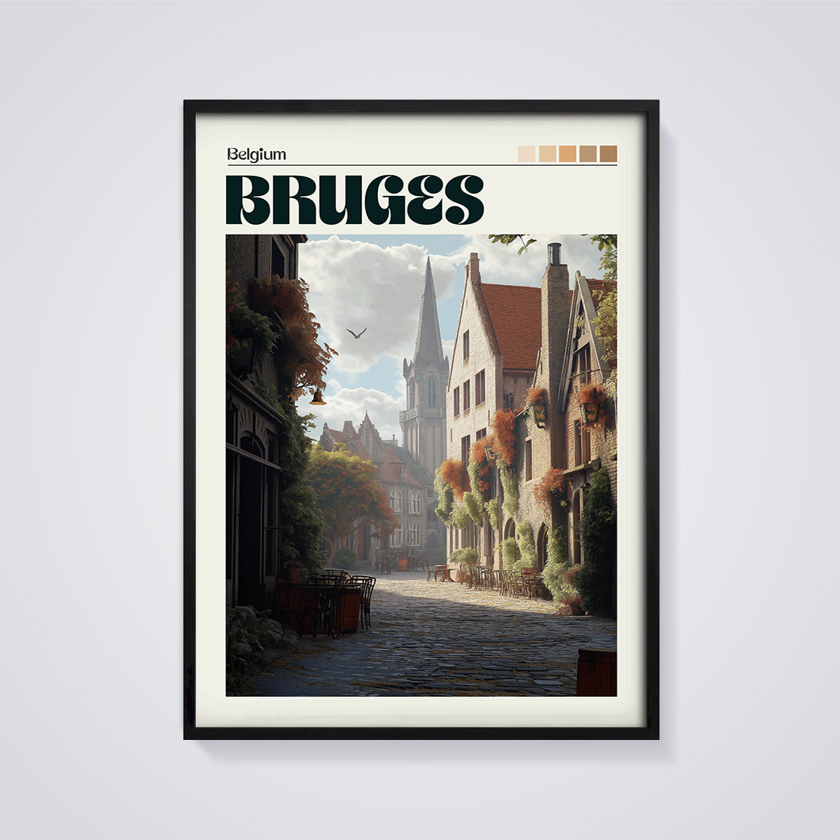 Bruges Cobblestone Street Print framed in black on a grey background