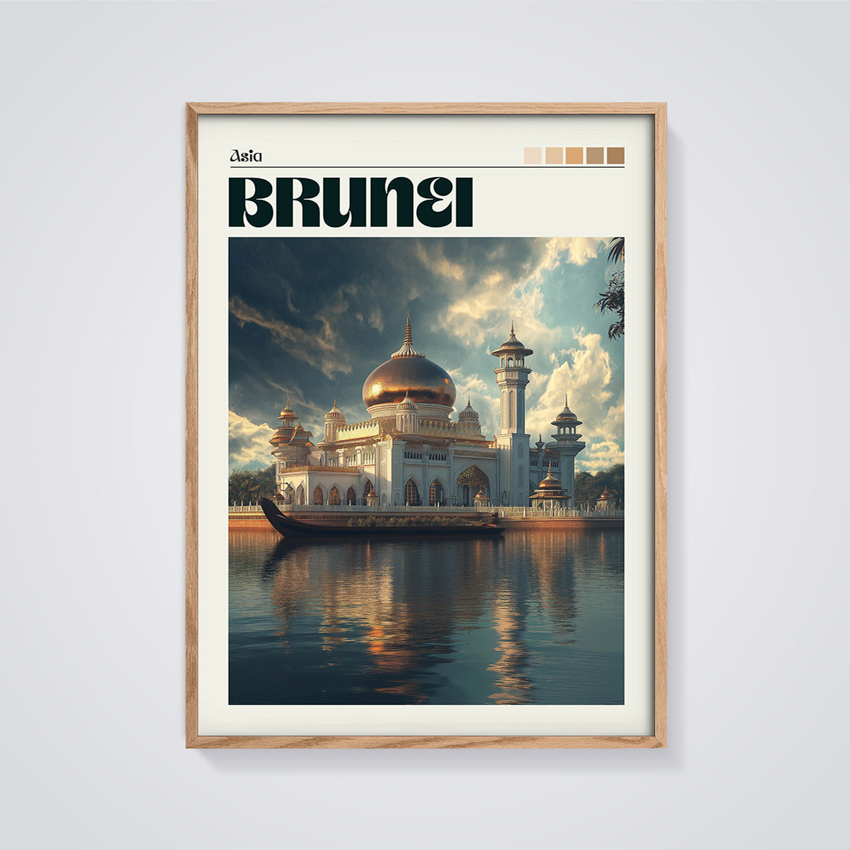 Brunei Sultan Omar Ali Saifuddien Mosque Print framed in oak on a grey background