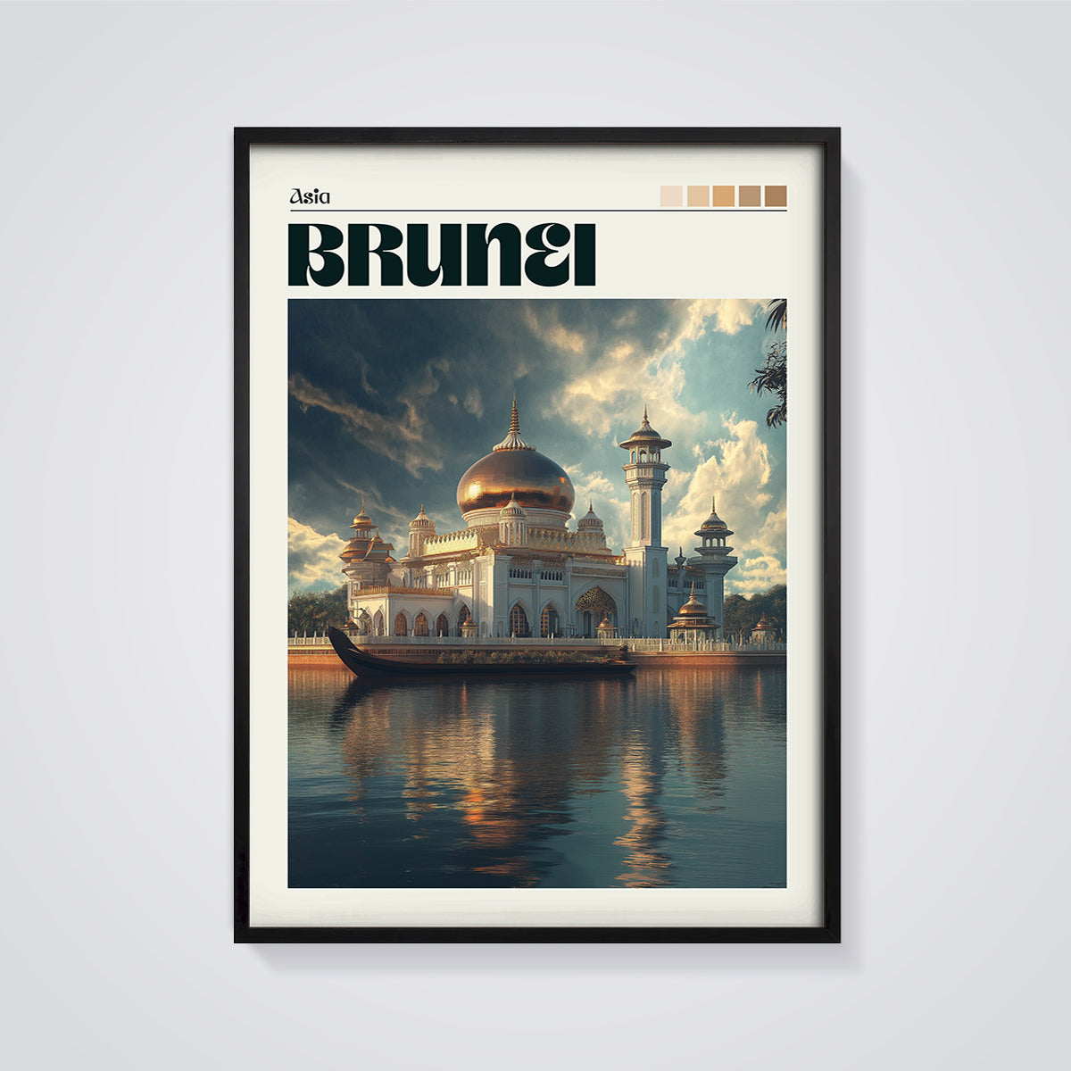 Brunei Sultan Omar Ali Saifuddien Mosque Print framed in black on a grey background