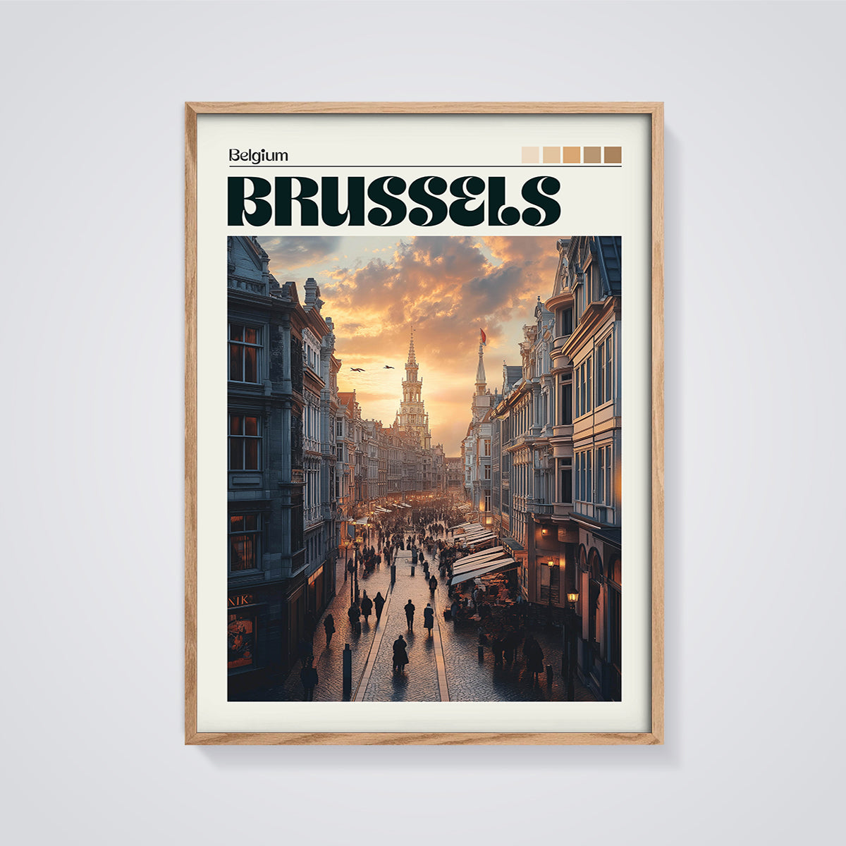 Brussels Grand Place Sunset Print framed in oak on a grey background