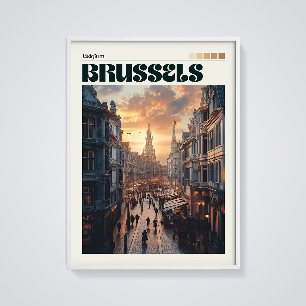 Brussels Grand Place Sunset Print framed in white on a grey background