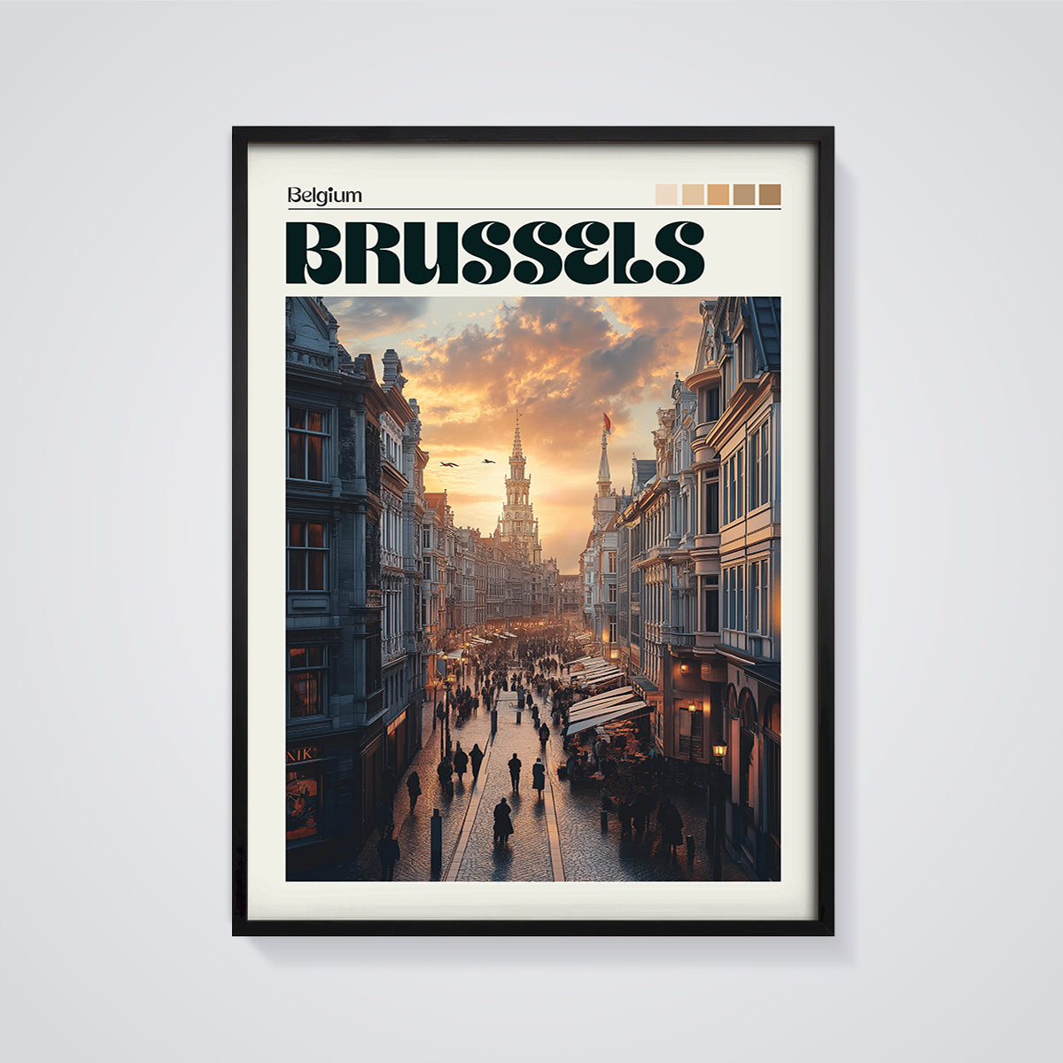 Brussels Grand Place Sunset Print framed in black on a grey background