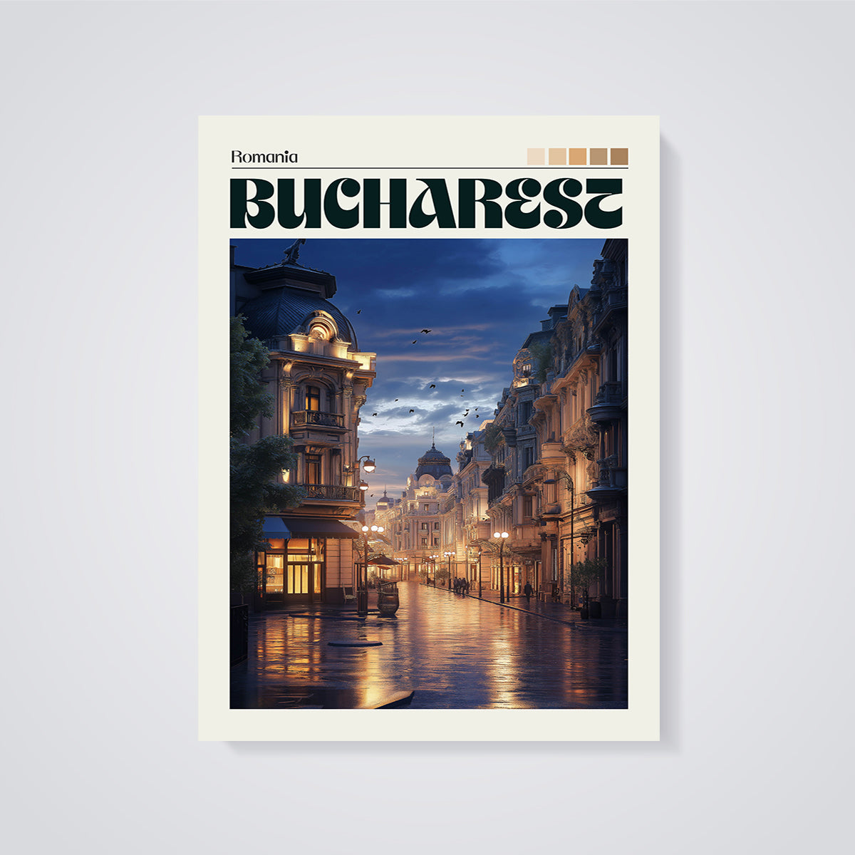 Bucharest Night Street Print unframed on a grey background