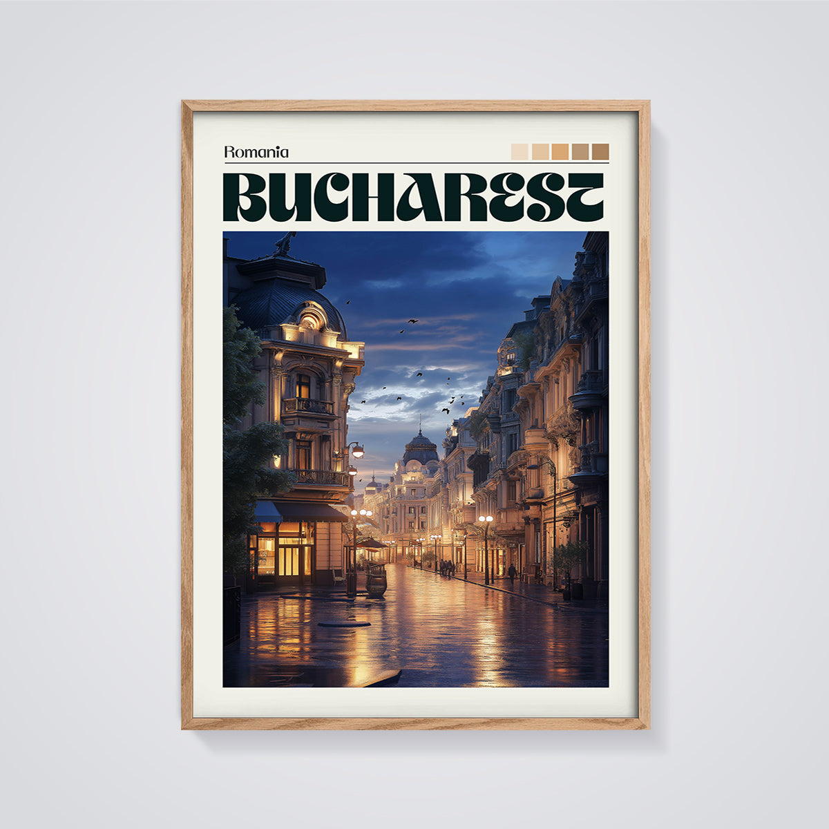 Bucharest Night Street Print framed in oak on a grey background