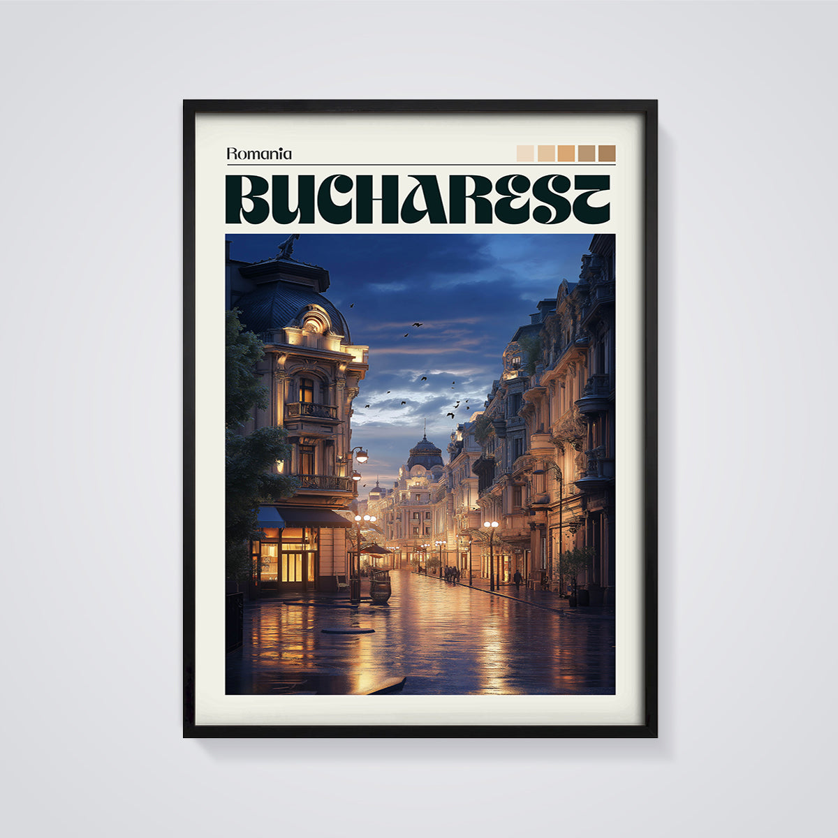 Bucharest Night Street Print framed in black on a grey background