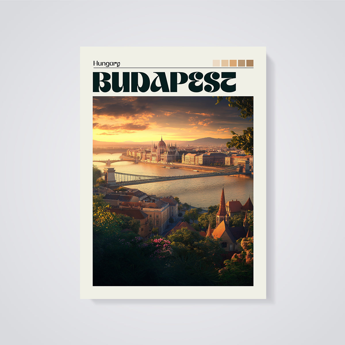 Budapest Sunset Cityscape Print unframed on a grey background