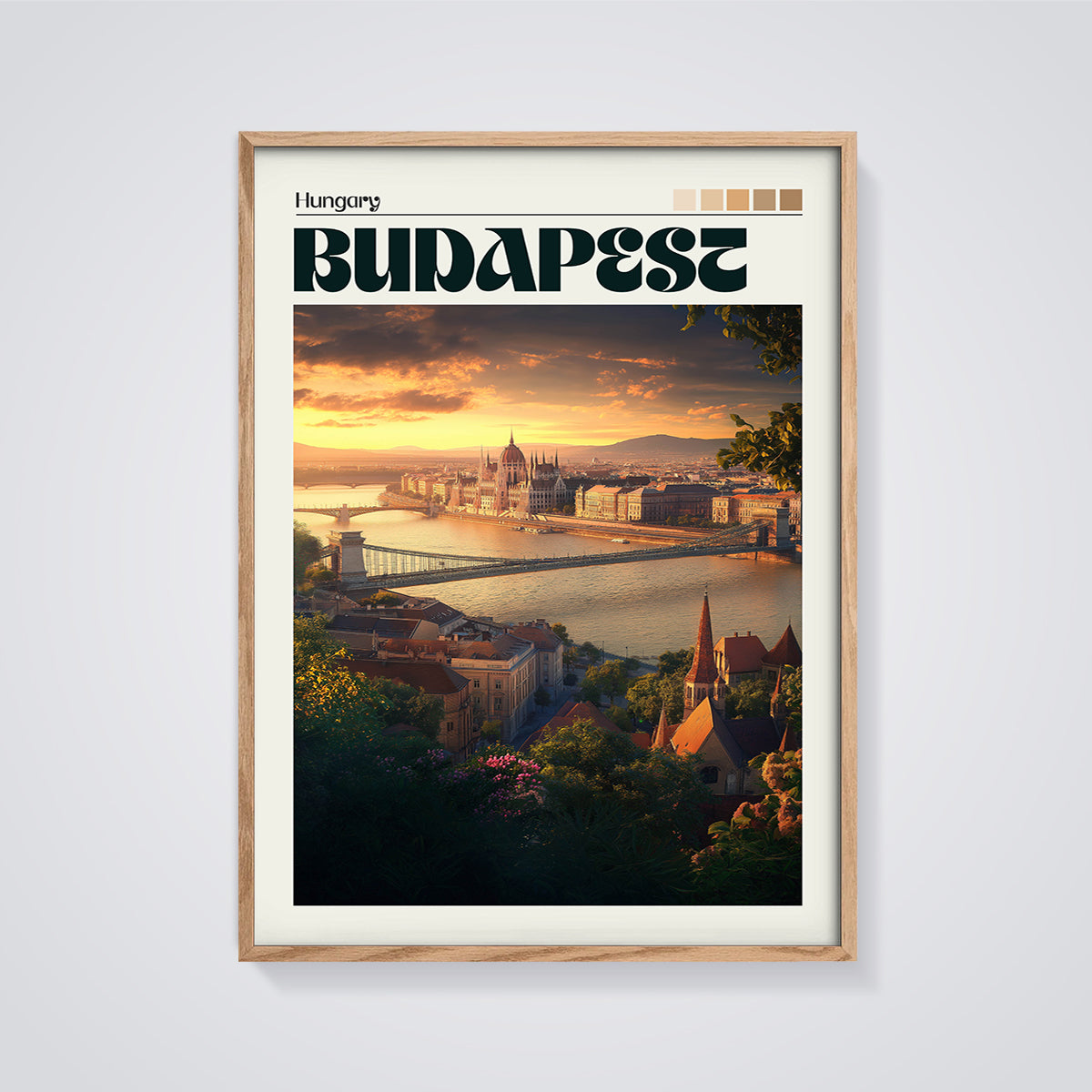 Budapest Sunset Cityscape Print framed in oak on a grey background