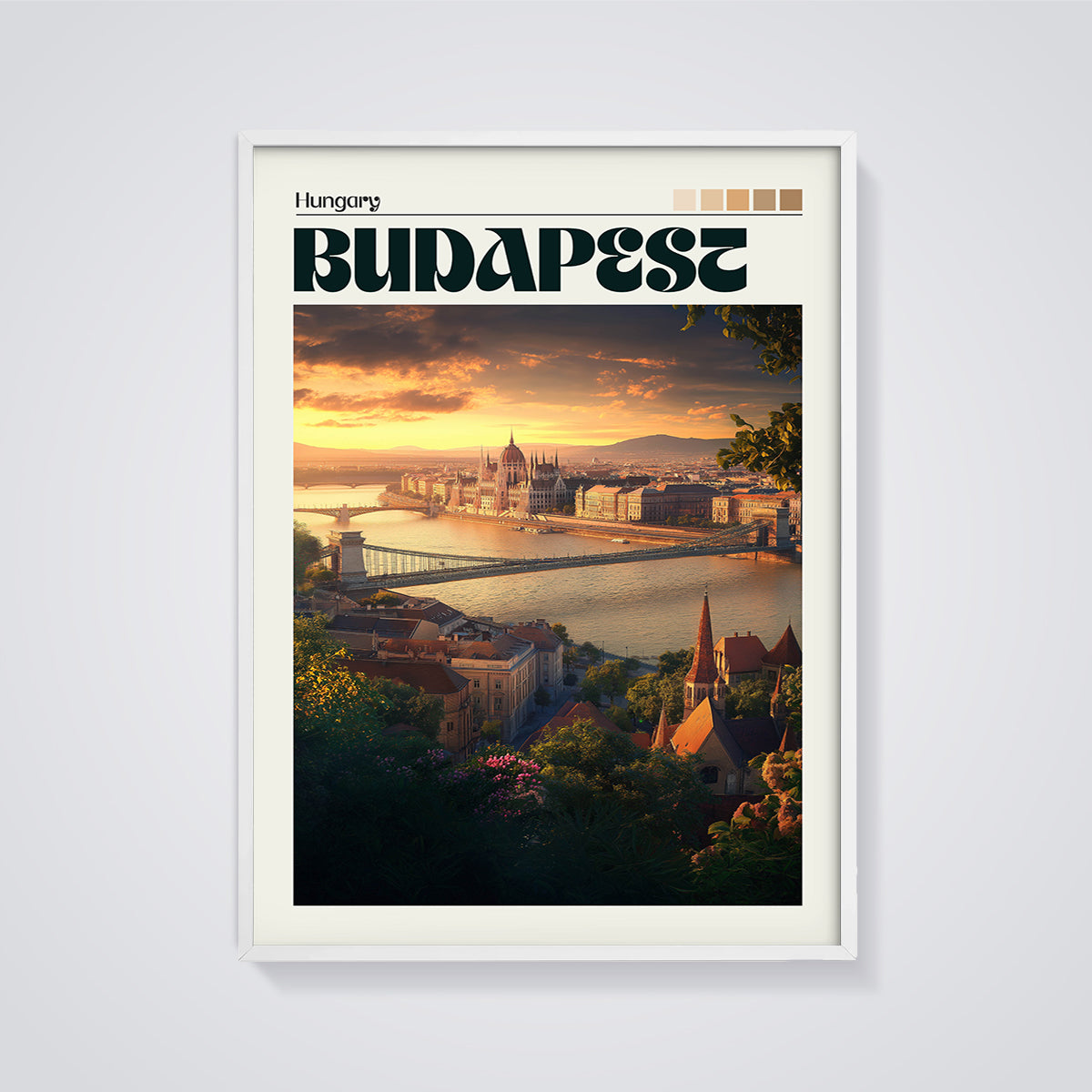 Budapest Sunset Cityscape Print framed in white on a grey background