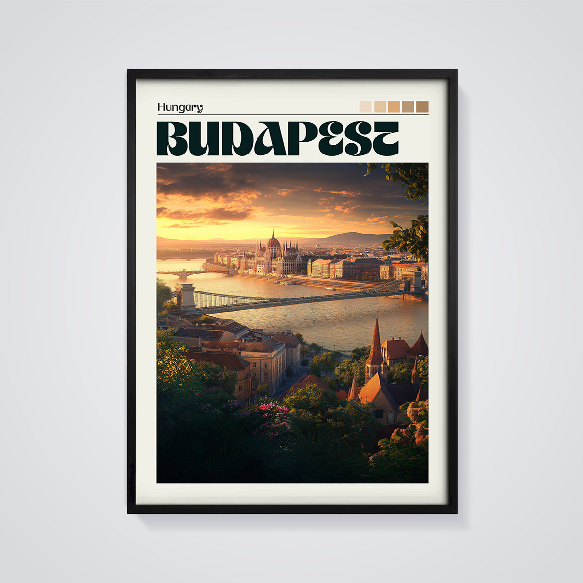 Budapest Sunset Cityscape Print framed in black on a grey background