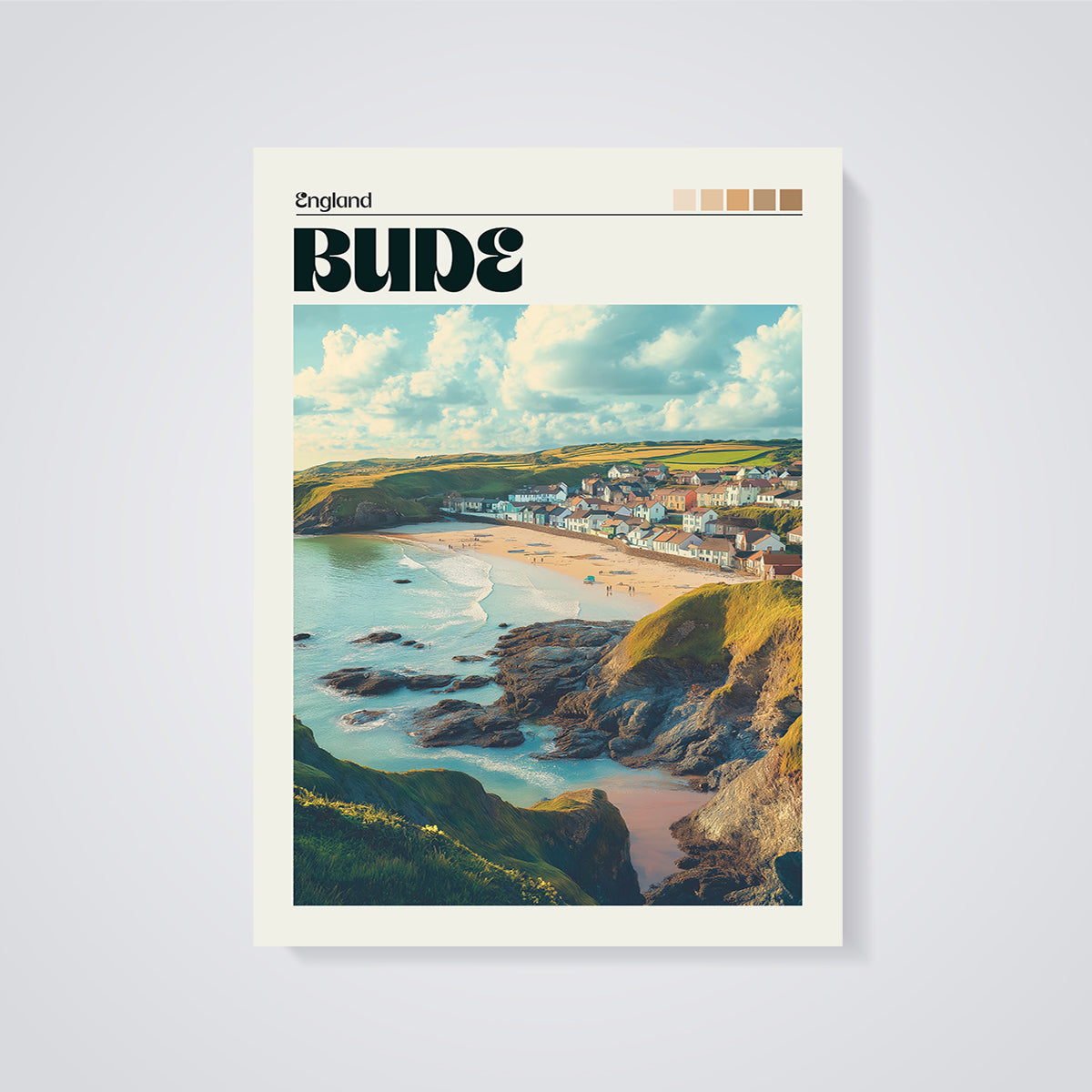 Bude England Coastal Town Print unframed on a grey background