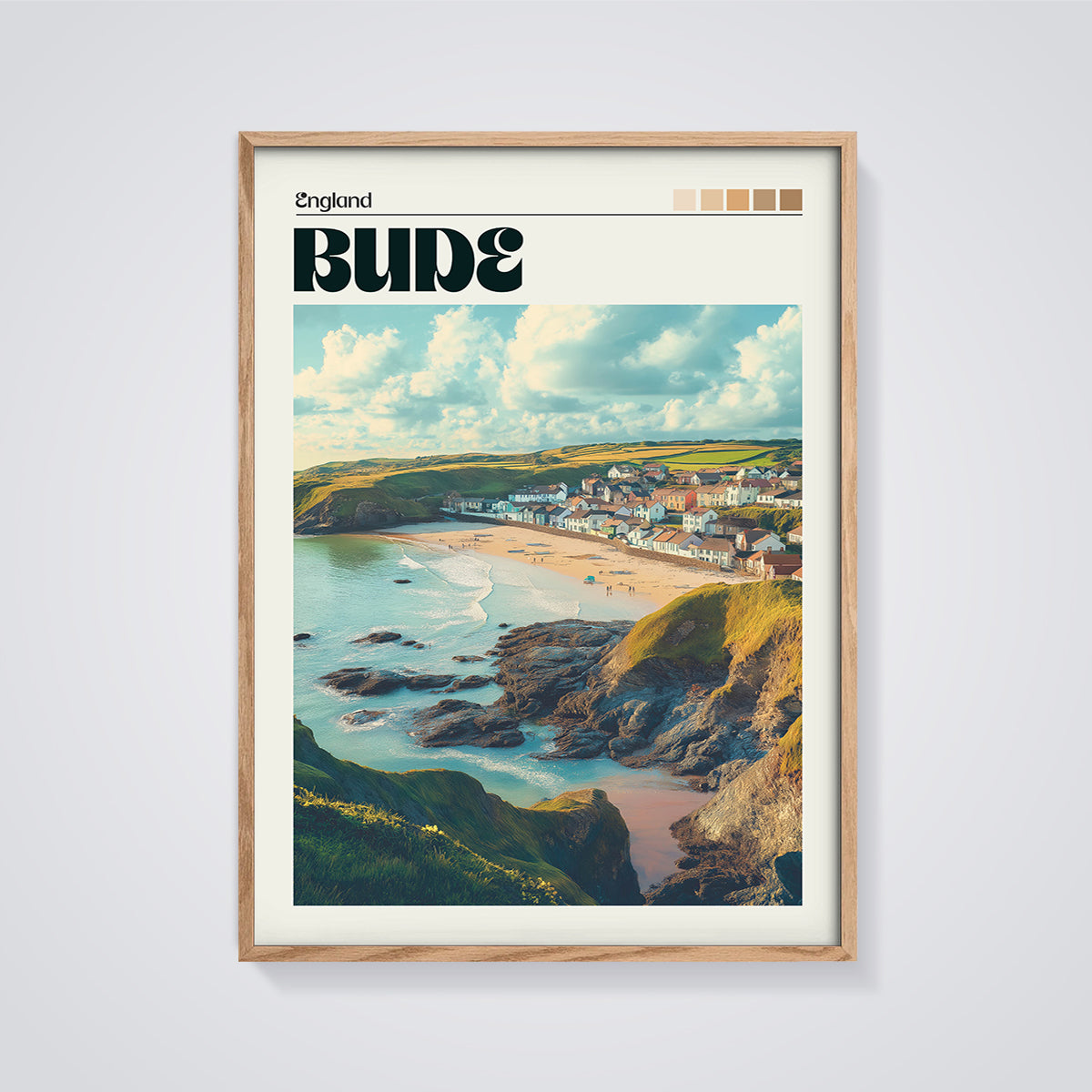 Bude England Coastal Town Print framed in oak on a grey background