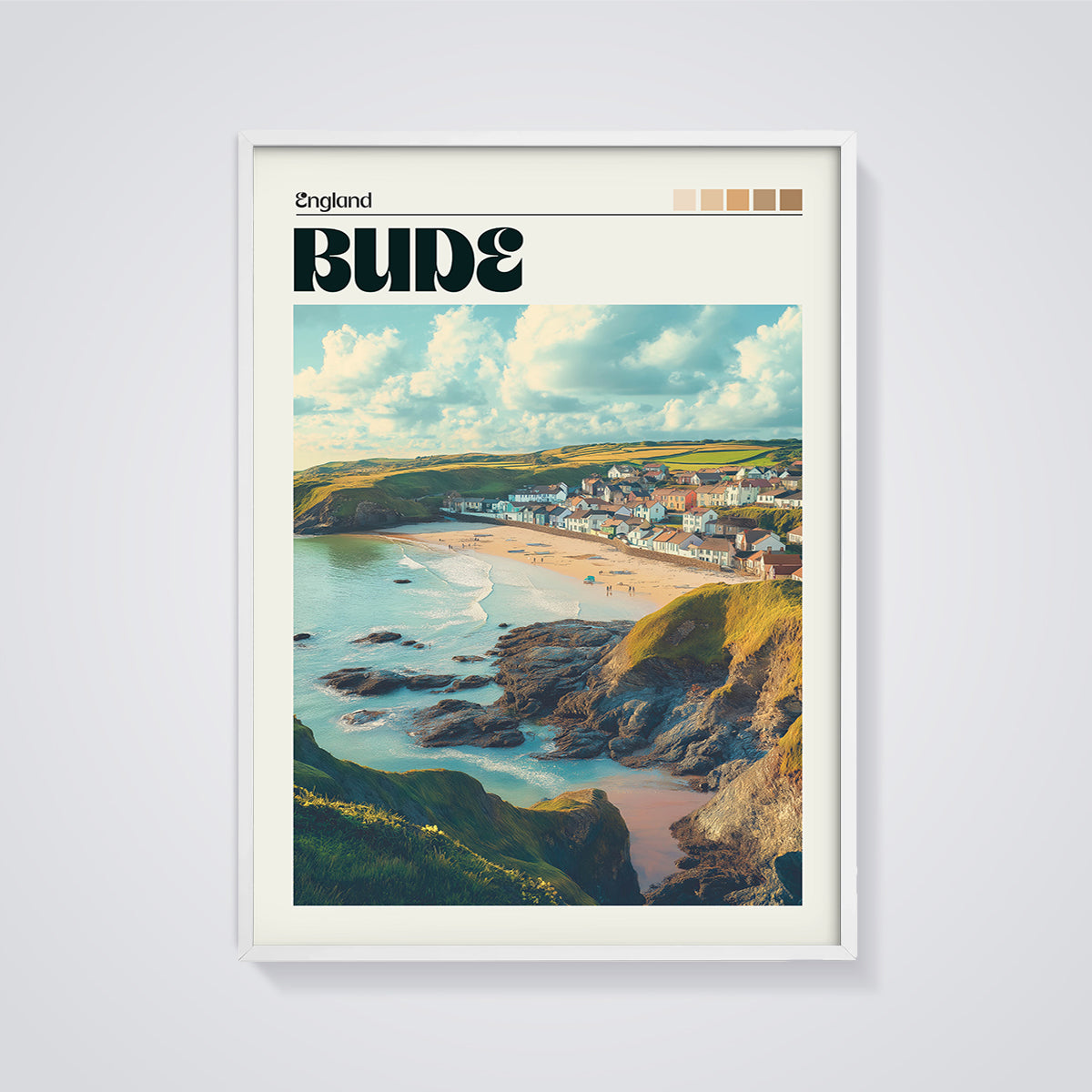 Bude England Coastal Town Print framed in white on a grey background