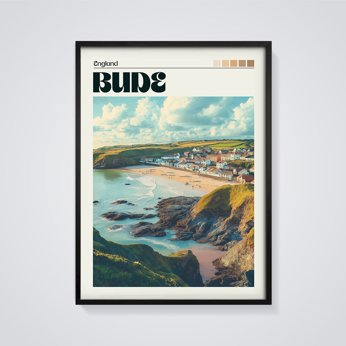 Bude England Coastal Town Print framed in black on a grey background