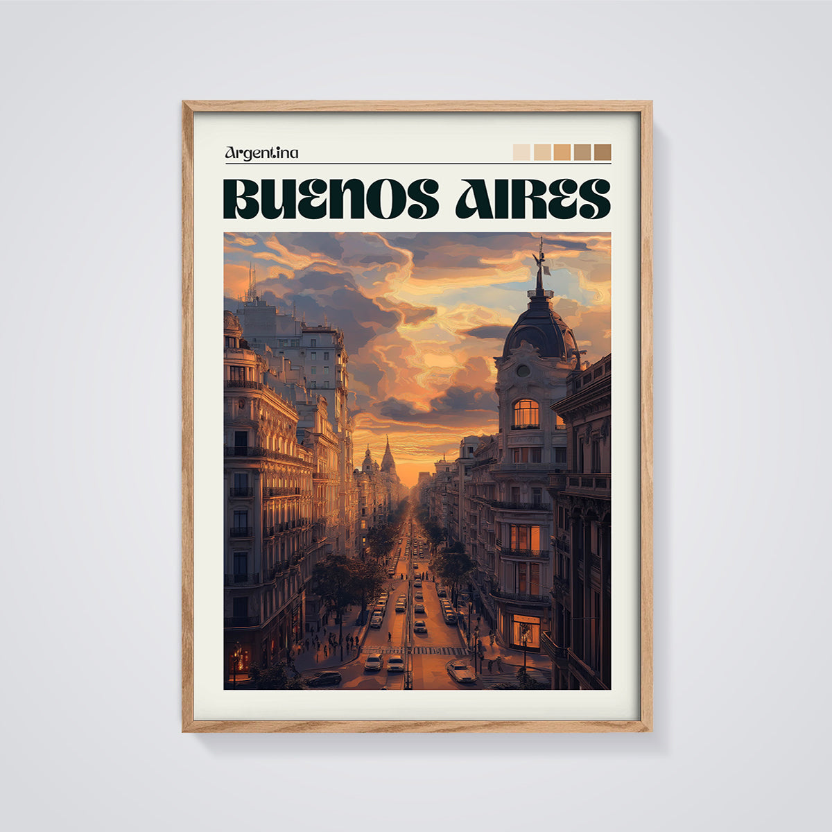 Buenos Aires Golden Hour Street Print framed in oak on a grey background