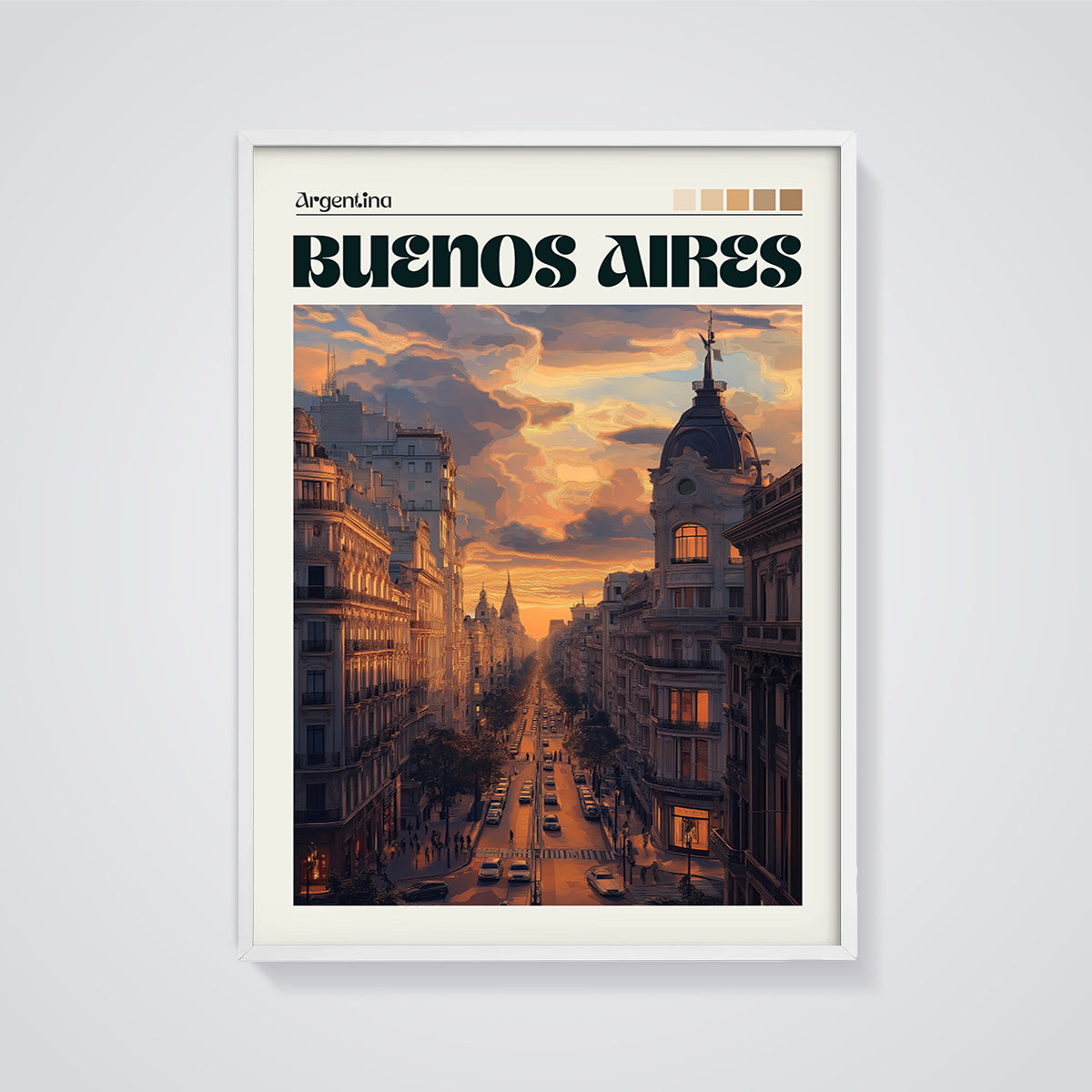 Buenos Aires Golden Hour Street Print framed in white on a grey background