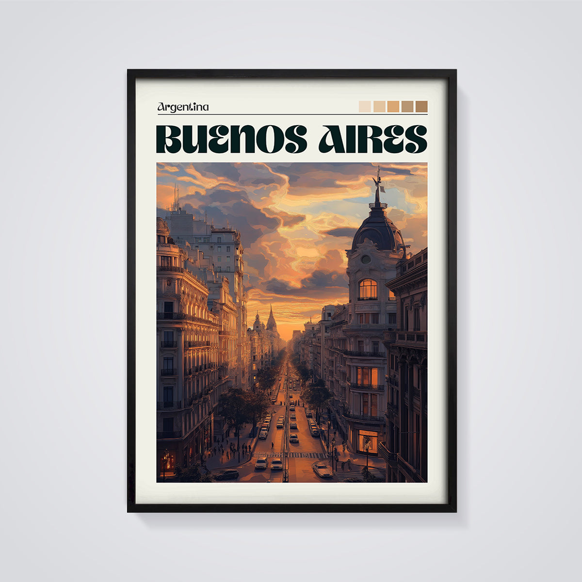 Buenos Aires Golden Hour Street Print framed in black on a grey background