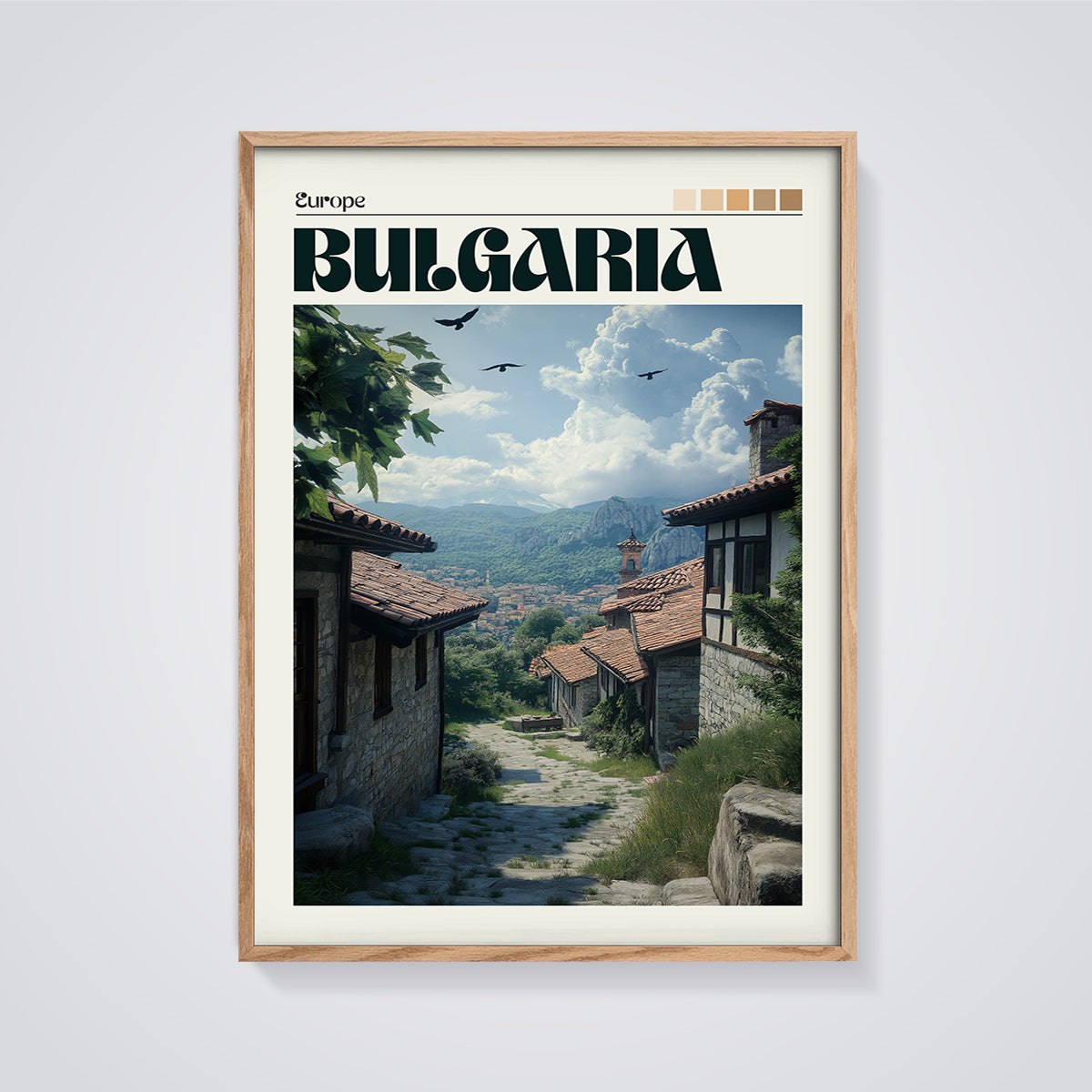 Bulgaria Old Townscape Print framed in oak on a grey background